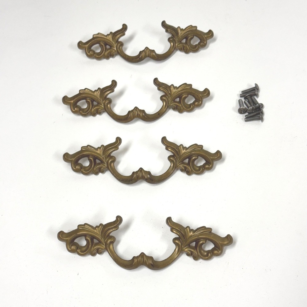 Vintage Brass French Provincial Drawer Pulls Set 4 large Ornate 2.5" on center